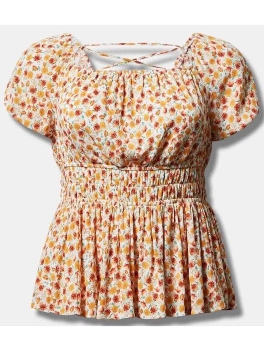Torrid 2X 18-20 Floral Crinkle Gauze Peplum Top Lace Up Back Boho Blouse NWT